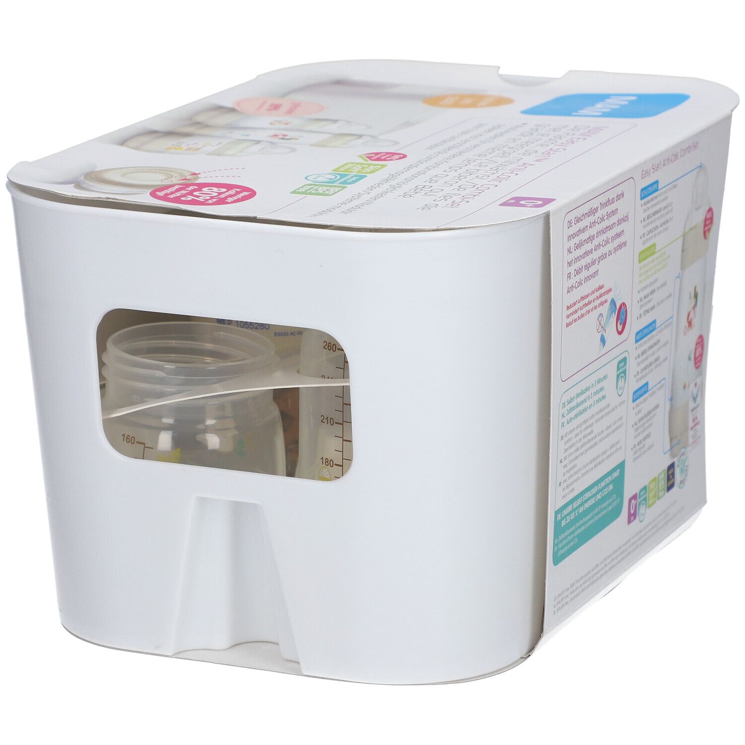 MAM Easy Start™ Anti-Colic Combi-Set. Weiße Verpackung mit Sichtfenster. Flaschen und Zubehör teilweise sichtbar.