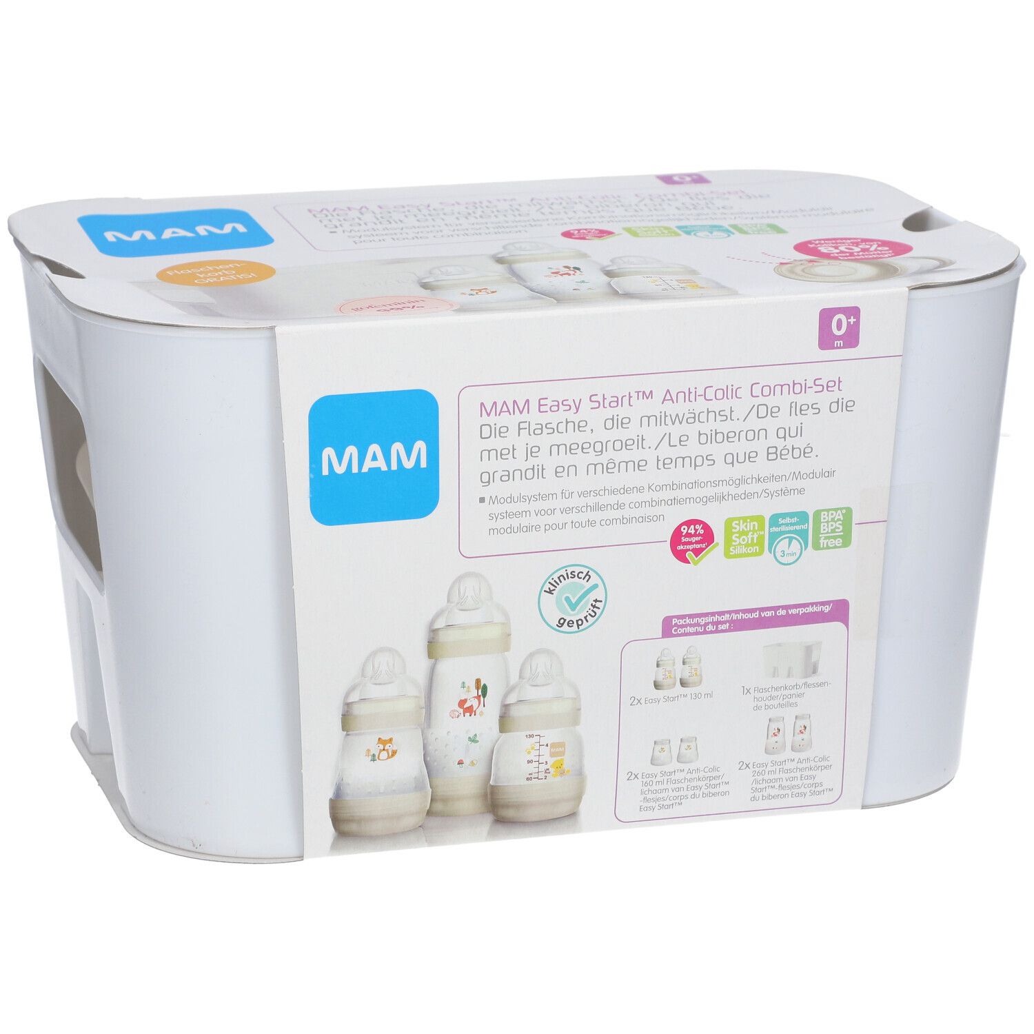 MAM Easy Start™ Anti-Colic Combi-Set in weißer Verpackung. Flaschen mit Motiven. Logos und Produktnamen sichtbar.