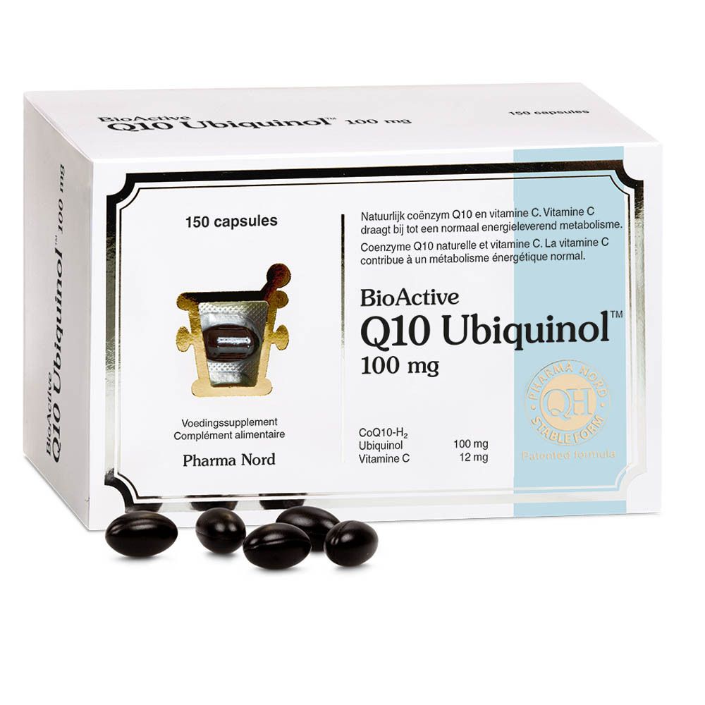 Witte doos "BioActive Q10 Ubiquinol 100 mg". Capsules zichtbaar.