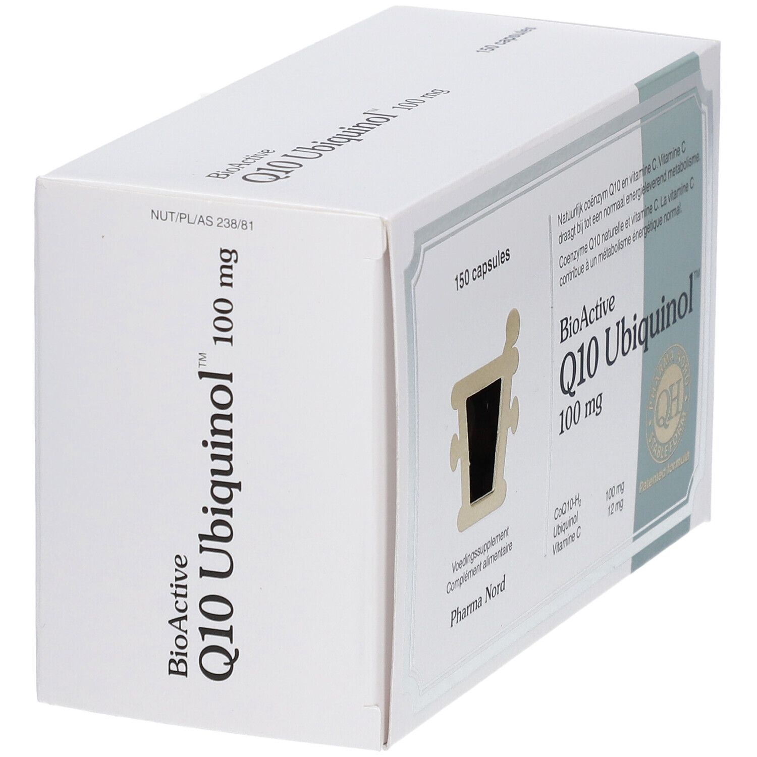 Weißer Karton mit "BioActive Q10 Ubiquinol 100 mg". Text und Logo.