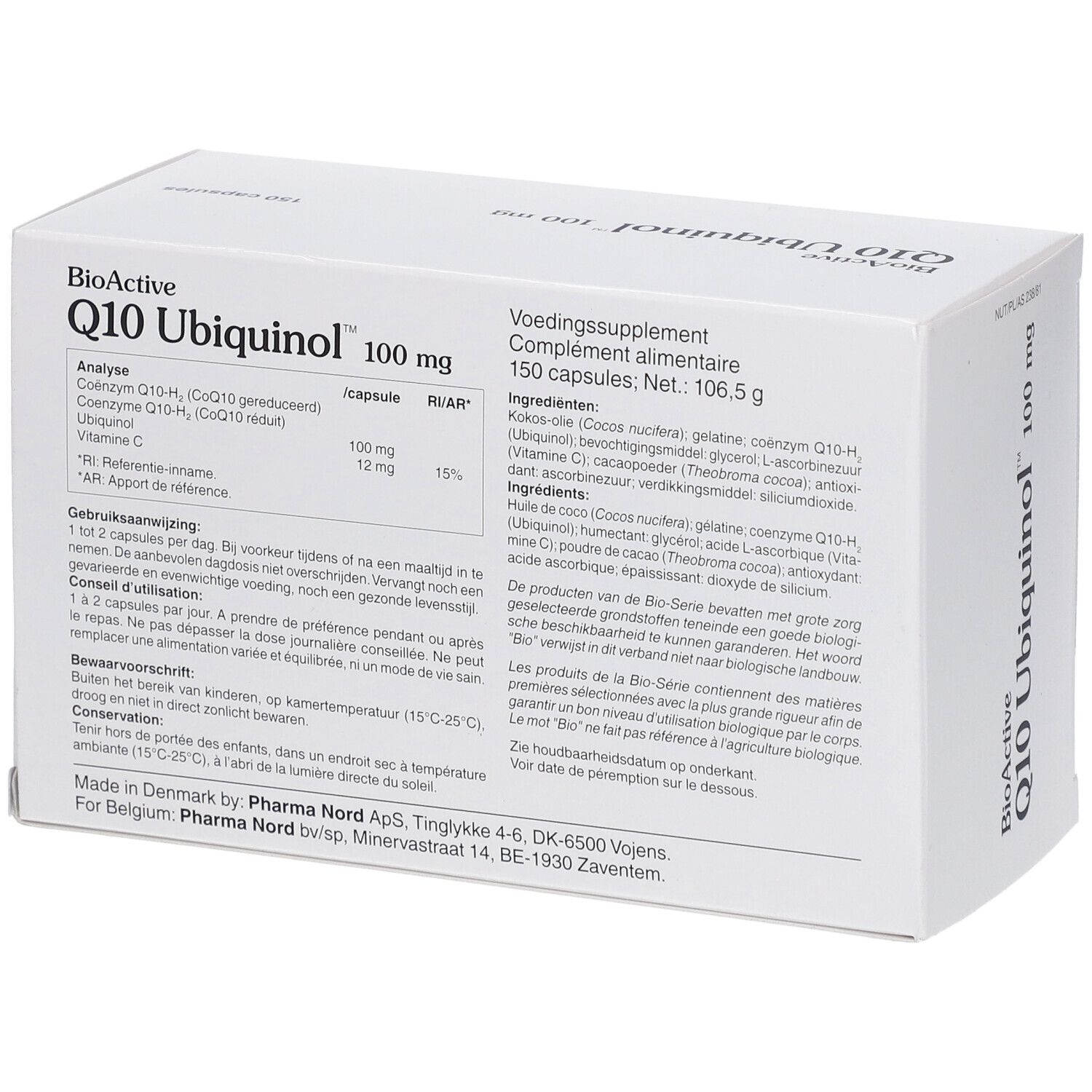 Weißer Karton mit "BioActive Q10 Ubiquinol 100 mg". 150 Kapseln. Text.