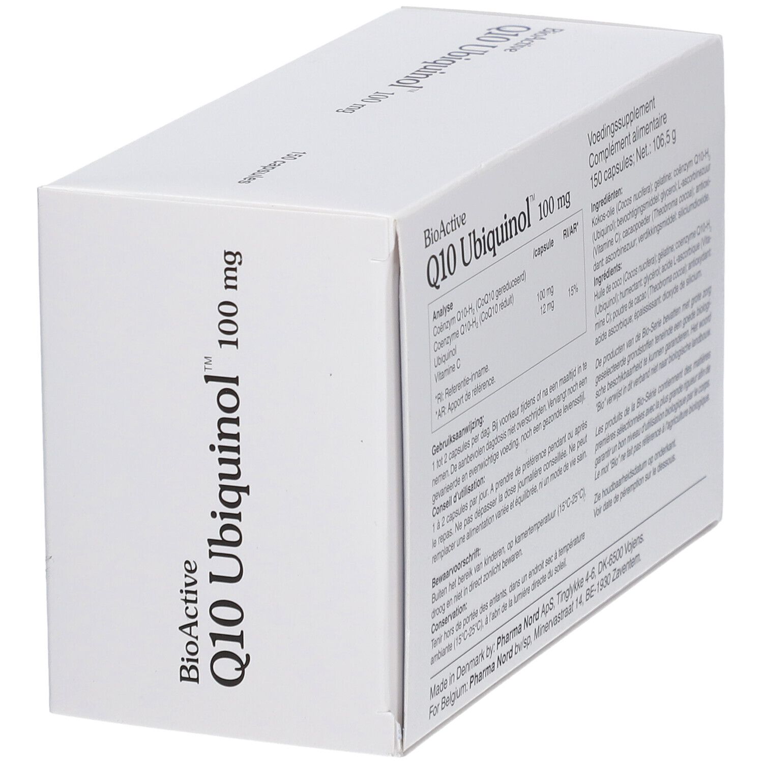 Weißer Karton mit "BioActive Q10 Ubiquinol 100 mg". Text.