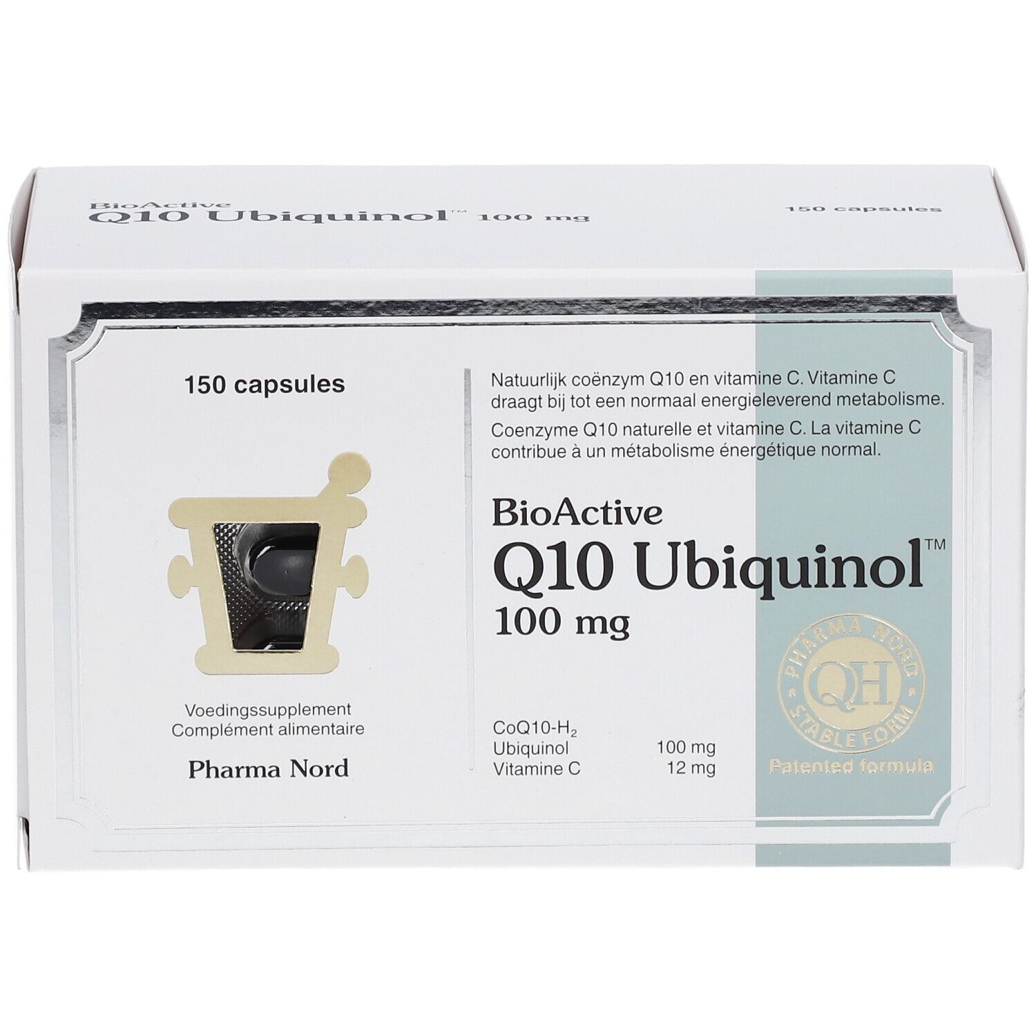 Weißer Karton mit "BioActive Q10 Ubiquinol 100 mg". 150 Kapseln. Pharma Nord.