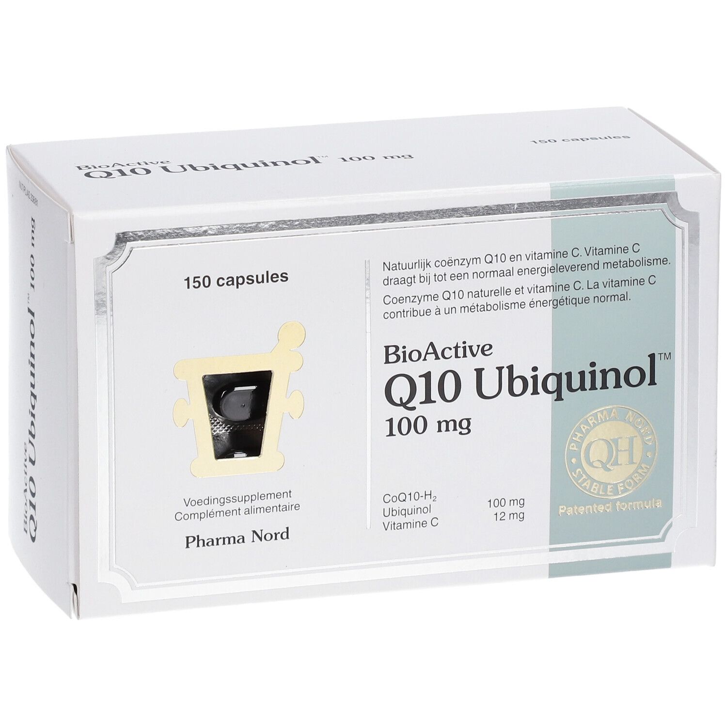 Weißer Karton mit "BioActive Q10 Ubiquinol 100 mg". 150 Kapseln. Pharma Nord.