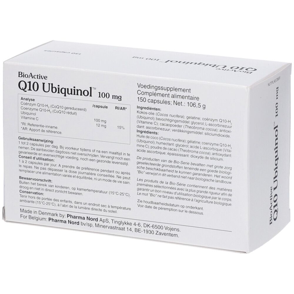 Witte doos "BioActive Q10 Ubiquinol 100 mg". Tekst.