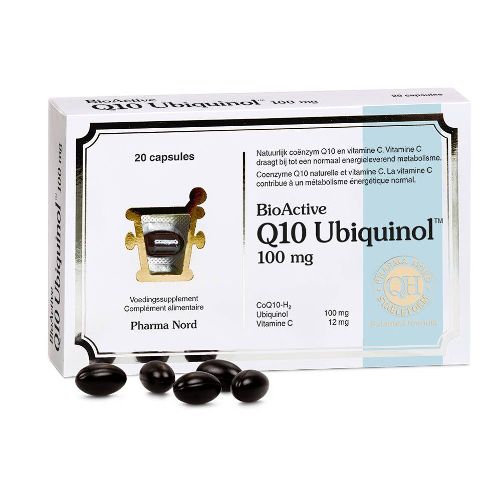 Boîte de 20 capsules BioActive Q10 Ubiquinol 100 mg. Capsules à côté.