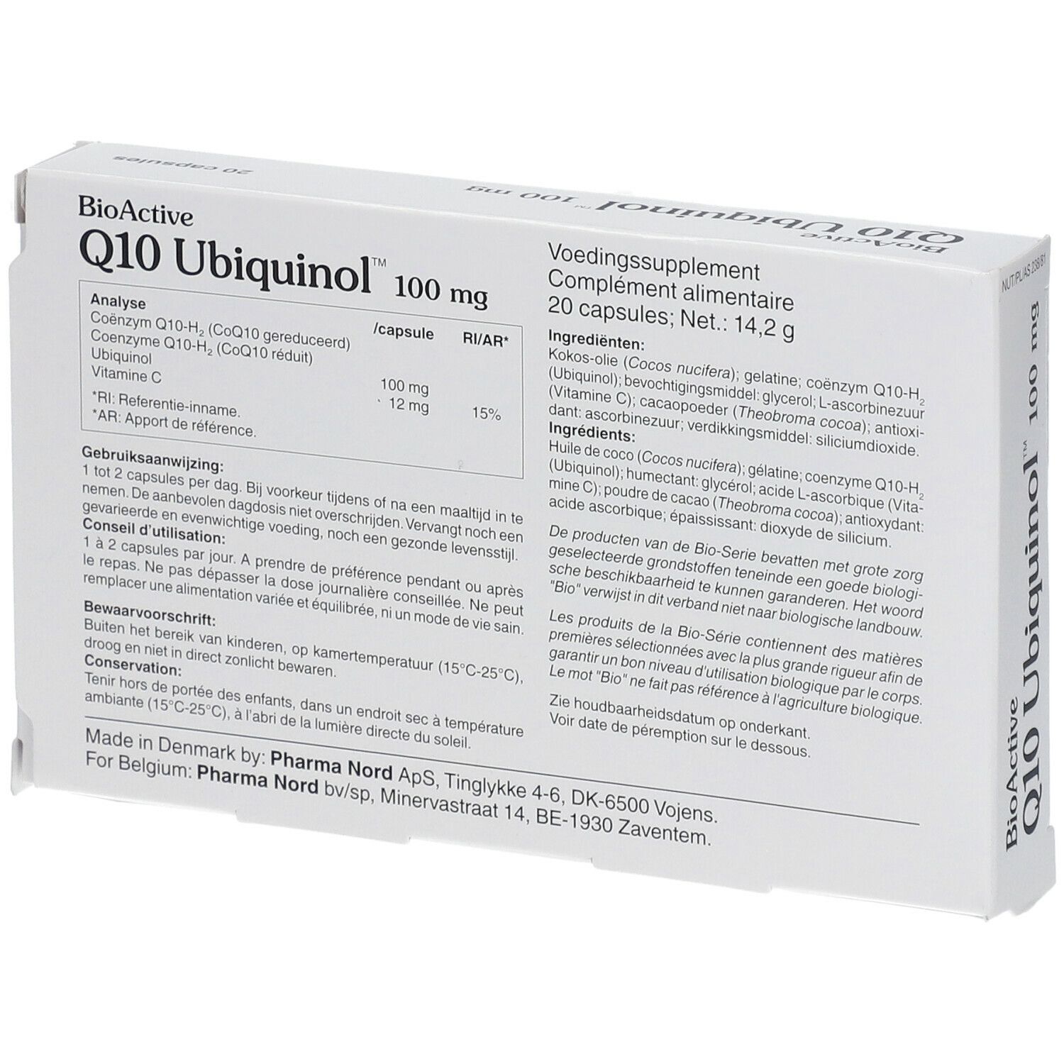 Dos de la boîte BioActive Q10 Ubiquinol 100 mg. Contient informations produit et ingrédients.