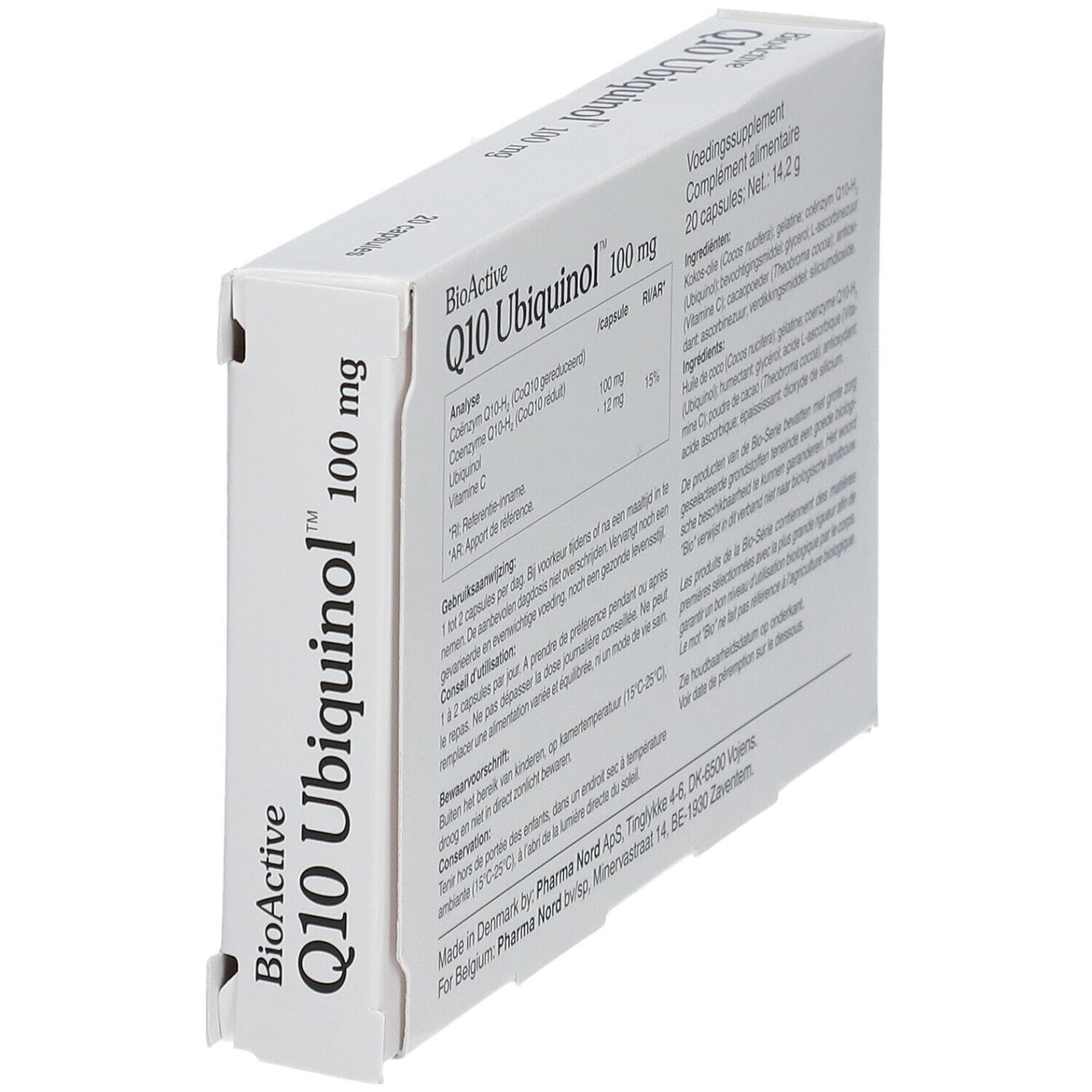 Boîte BioActive Q10 Ubiquinol 100 mg. Vue latérale avec nom et informations du produit.
