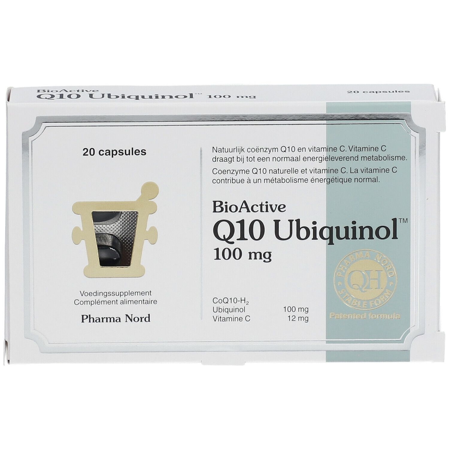 Boîte de 20 capsules BioActive Q10 Ubiquinol 100 mg. Blanche, avec informations produit et logo.