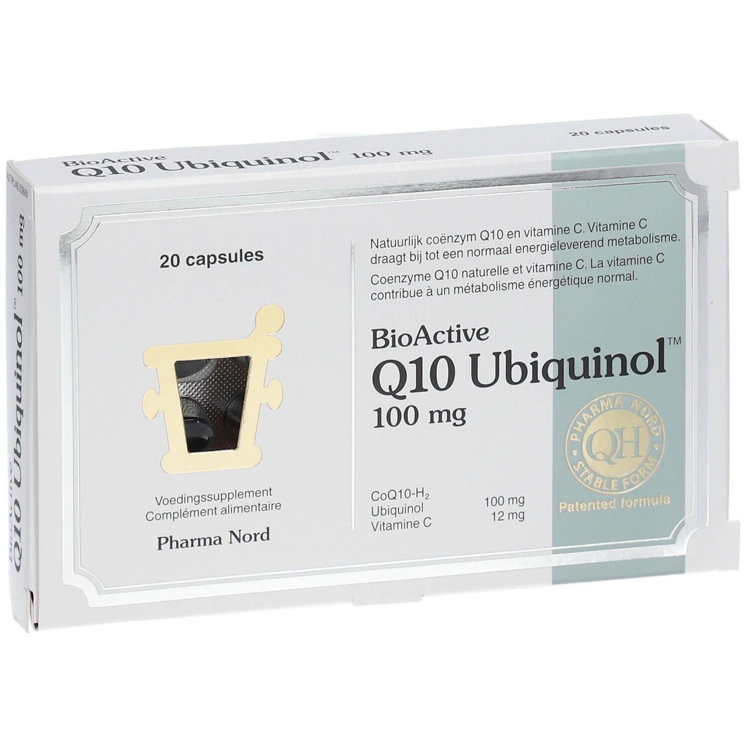 Boîte de 20 capsules BioActive Q10 Ubiquinol 100 mg. Blanche, avec informations produit et logo.
