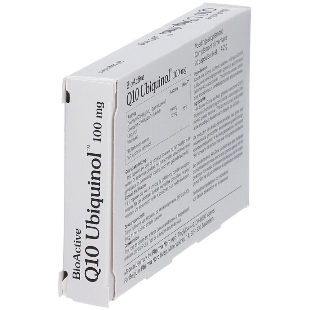 Dos de la boîte BioActive Q10 Ubiquinol 100 mg. Contient informations produit et ingrédients.