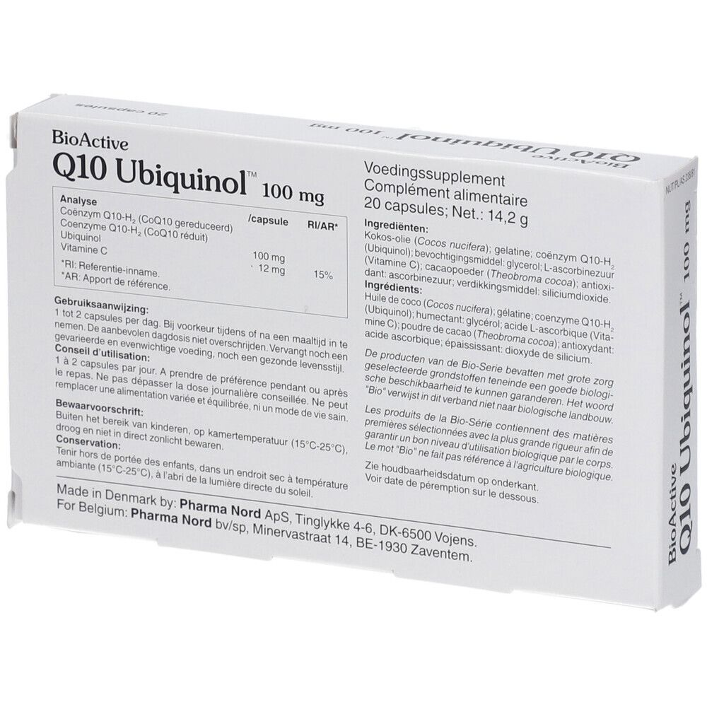 Dos de la boîte BioActive Q10 Ubiquinol 100 mg. Contient informations produit et ingrédients.