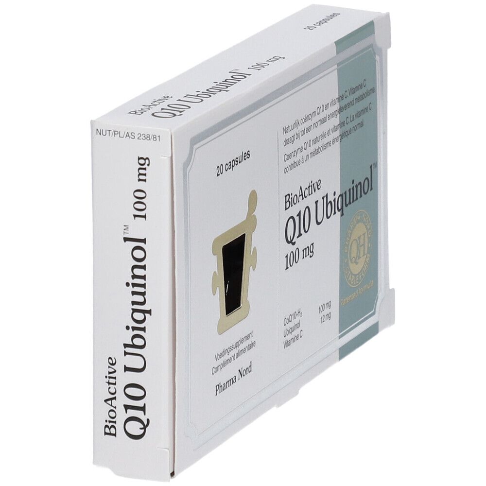 Boîte BioActive Q10 Ubiquinol 100 mg. Vue latérale avec nom et informations du produit.