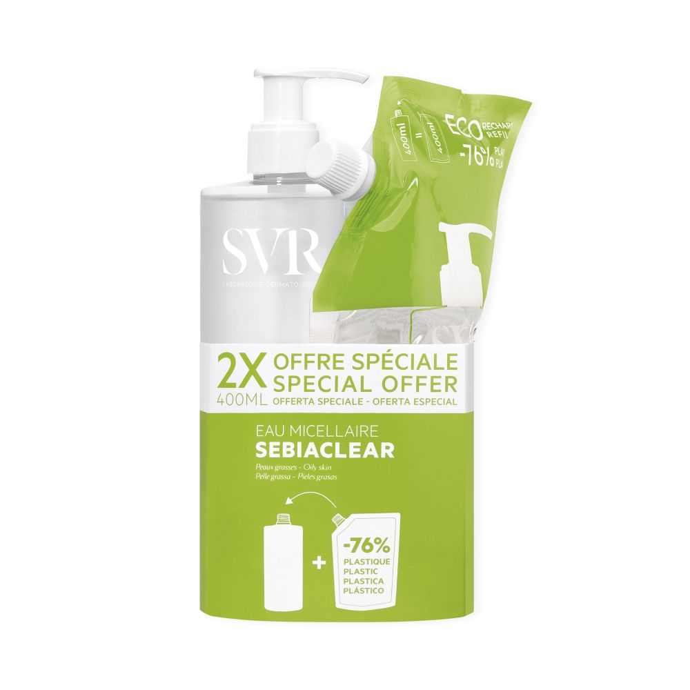 Eau micellaire avec pompe et recharge. Inscription: SVR, Eau Micellaire Sebiaclear, -76% de plastique.