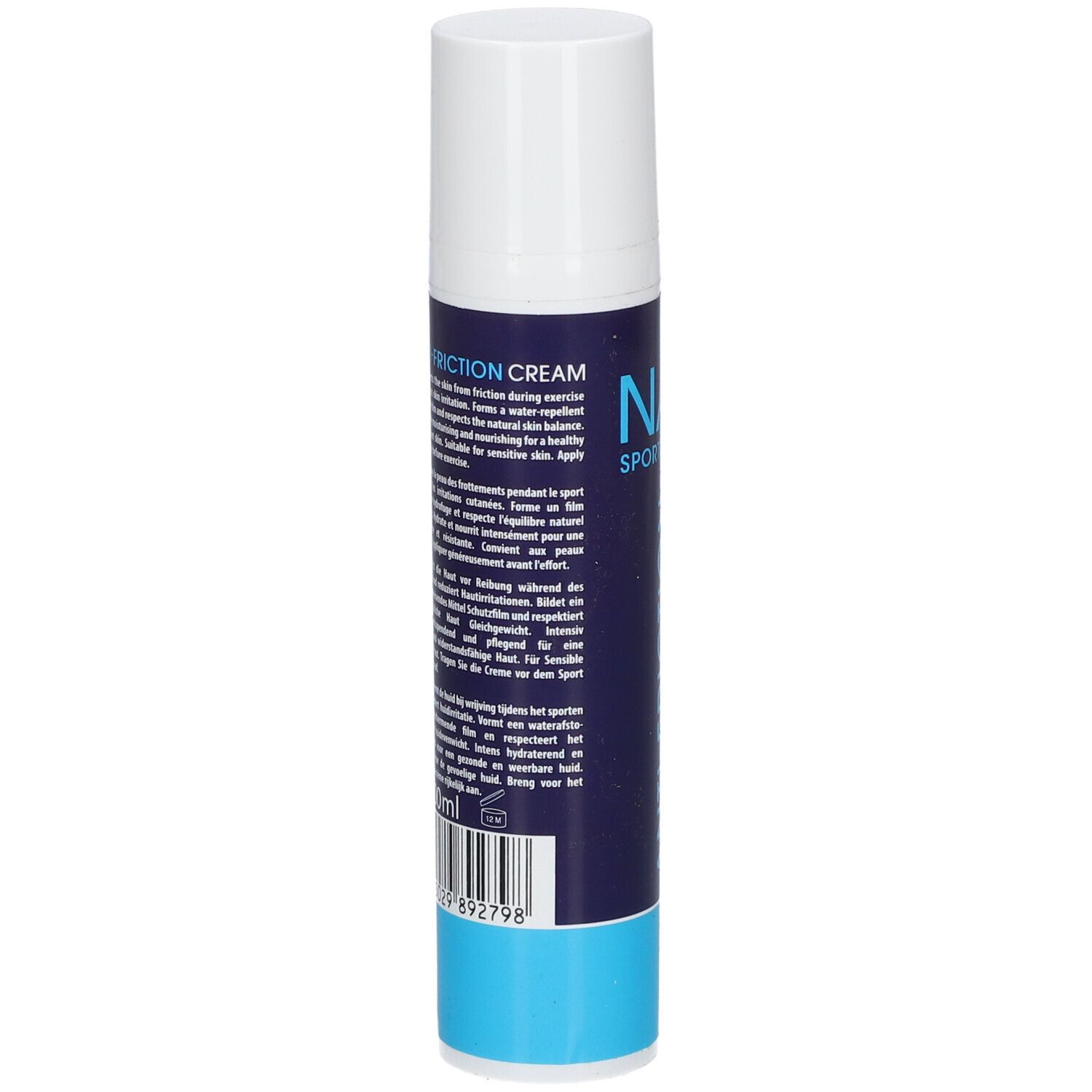 Dos du tube. Texte multilingue. Code-barres et base bleue.
