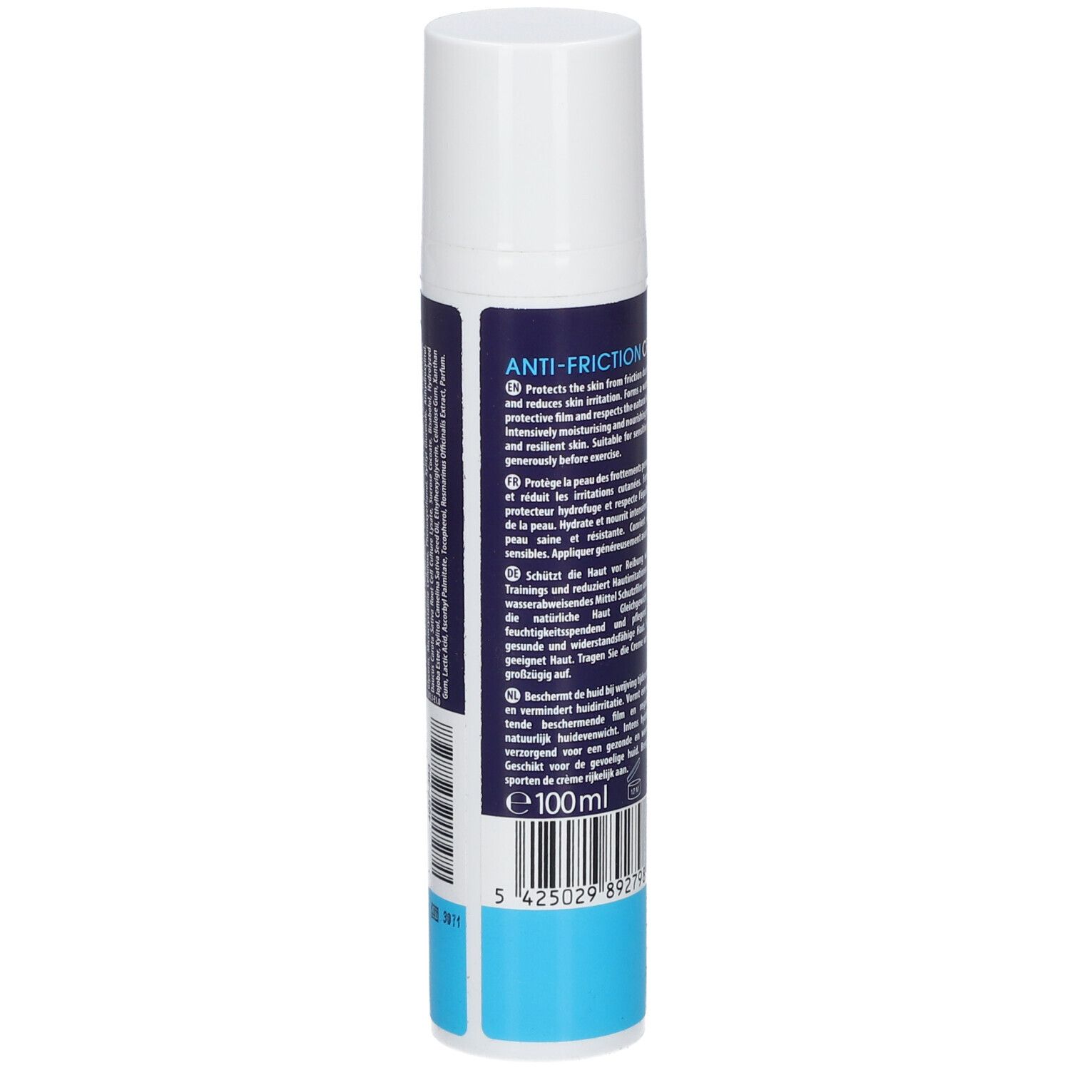 Dos du tube. Texte multilingue. Volume: 100ml. Code-barres et base bleue.