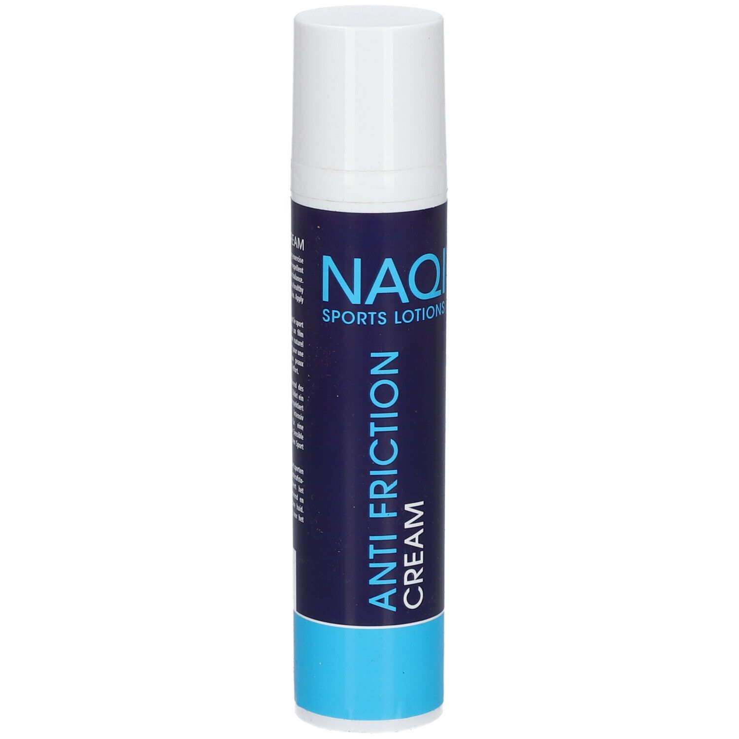 Tube cylindrique blanc et bleu. Inscription: NAQI SPORTS LOTIONS, ANTI FRICTION CREAM. Design épuré.