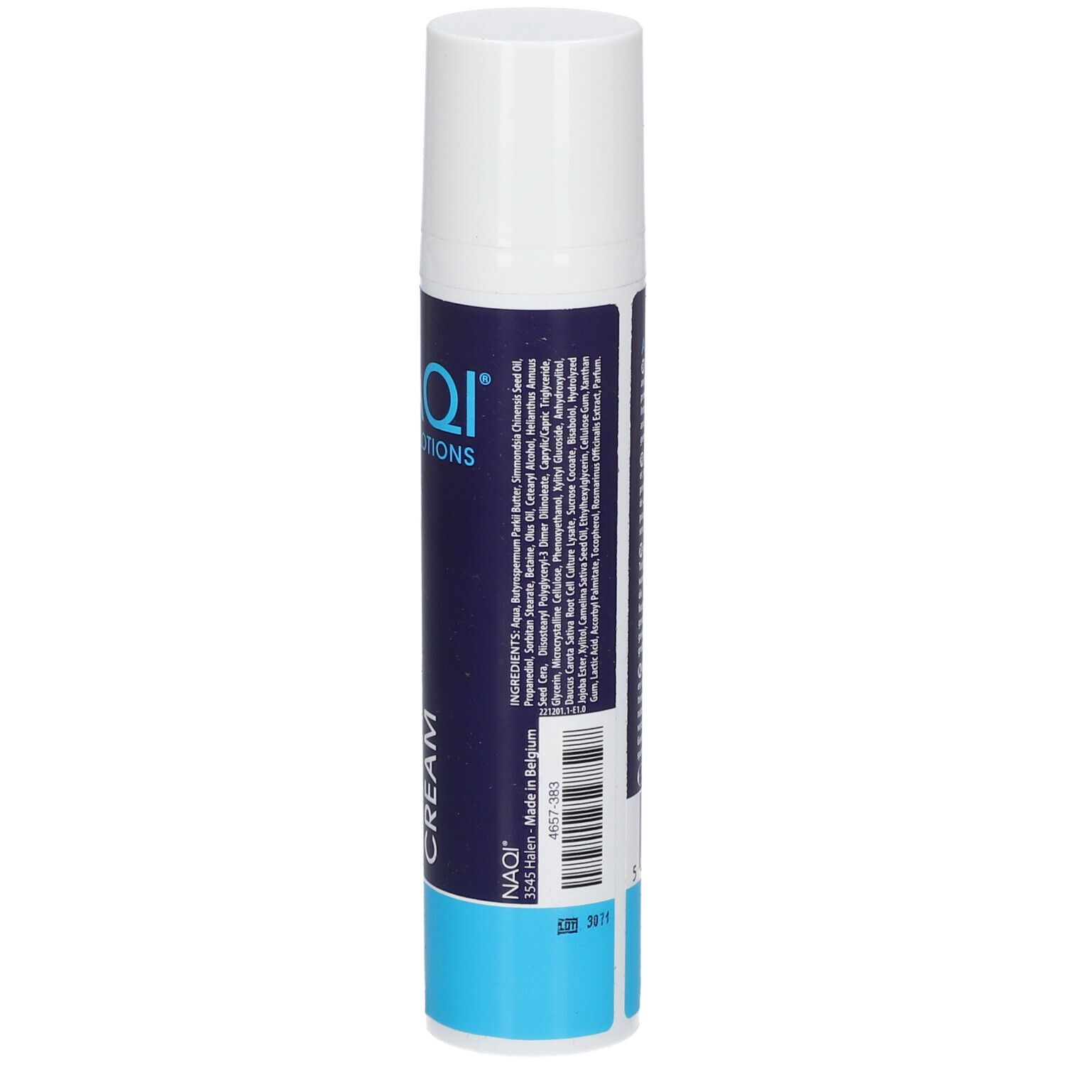 Dos du tube. Ingrédients, code-barres et base bleue. Fabriqué en Belgique.
