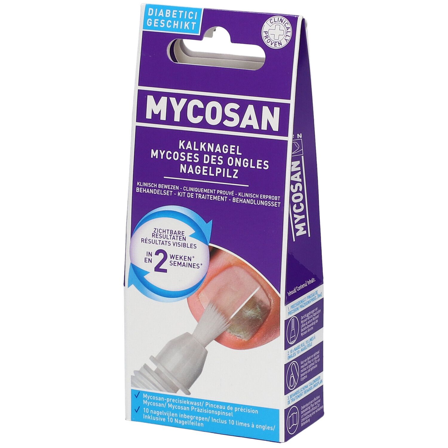 Emballage Mycosan. Contient un applicateur. Inscription : Kalknagel, Mycoses des Ongles, Nagelpilz. Convient aux diabétiques.