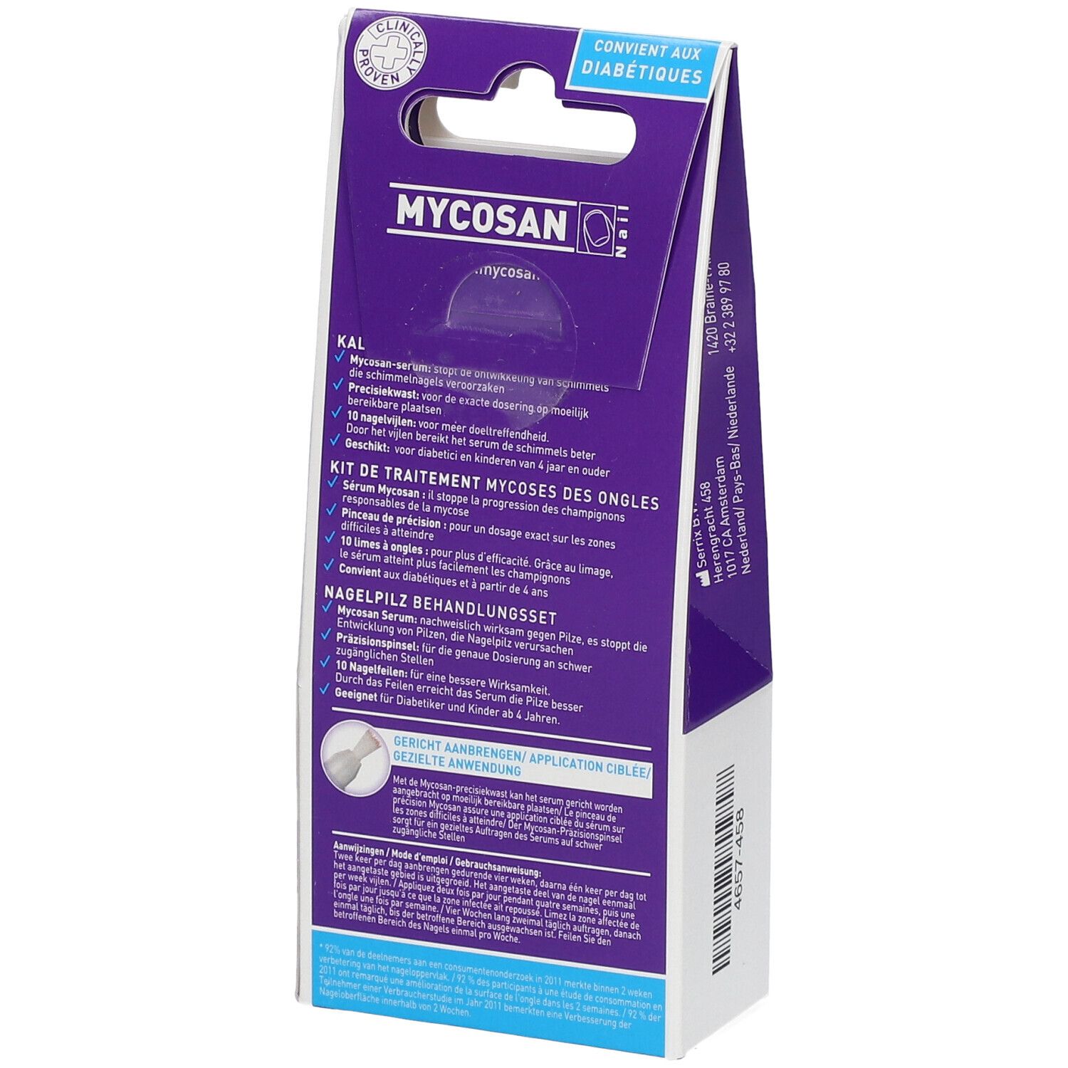 Dos de l'emballage Mycosan. Contient des informations et des instructions sur le produit. Convient aux diabétiques.