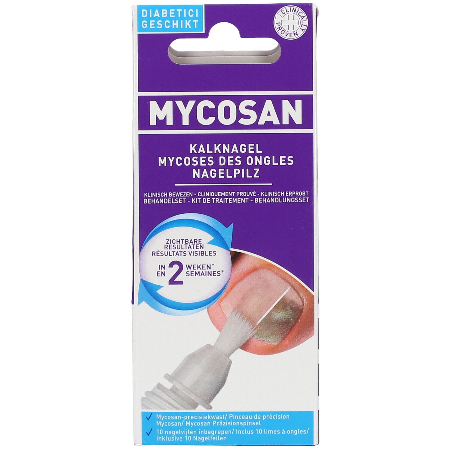 Emballage Mycosan avec applicateur. Inscription : Kalknagel, Mycoses des Ongles, Nagelpilz. Convient aux diabétiques.