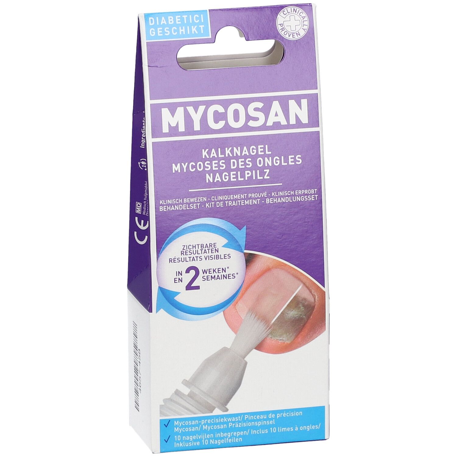 Emballage Mycosan avec applicateur. Inscription : Kalknagel, Mycoses des Ongles, Nagelpilz. Convient aux diabétiques.