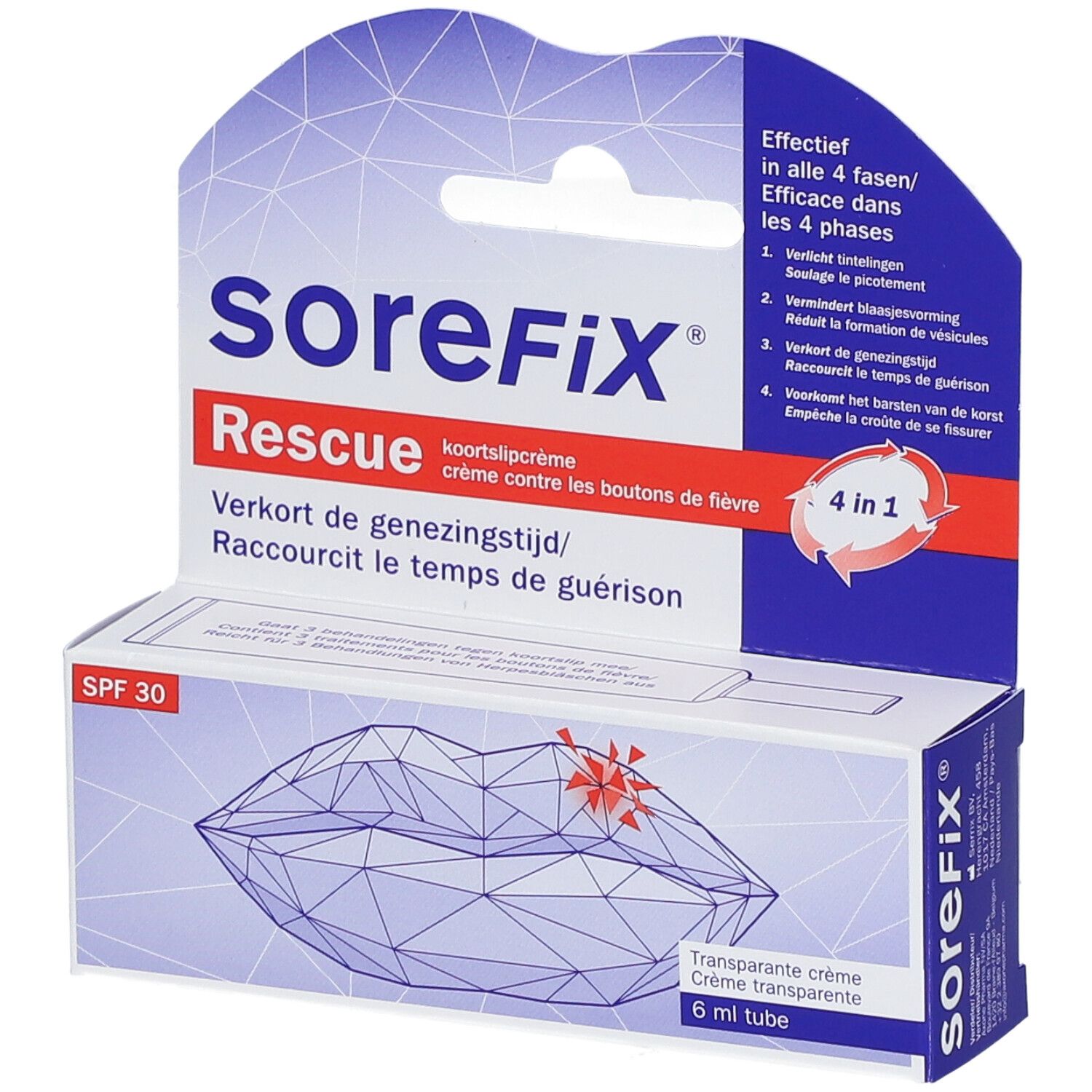 Emballage de SoreFix Rescue crème contre les boutons de fièvre. Contient un tube de 6 ml de crème transparente, SPF 30.
