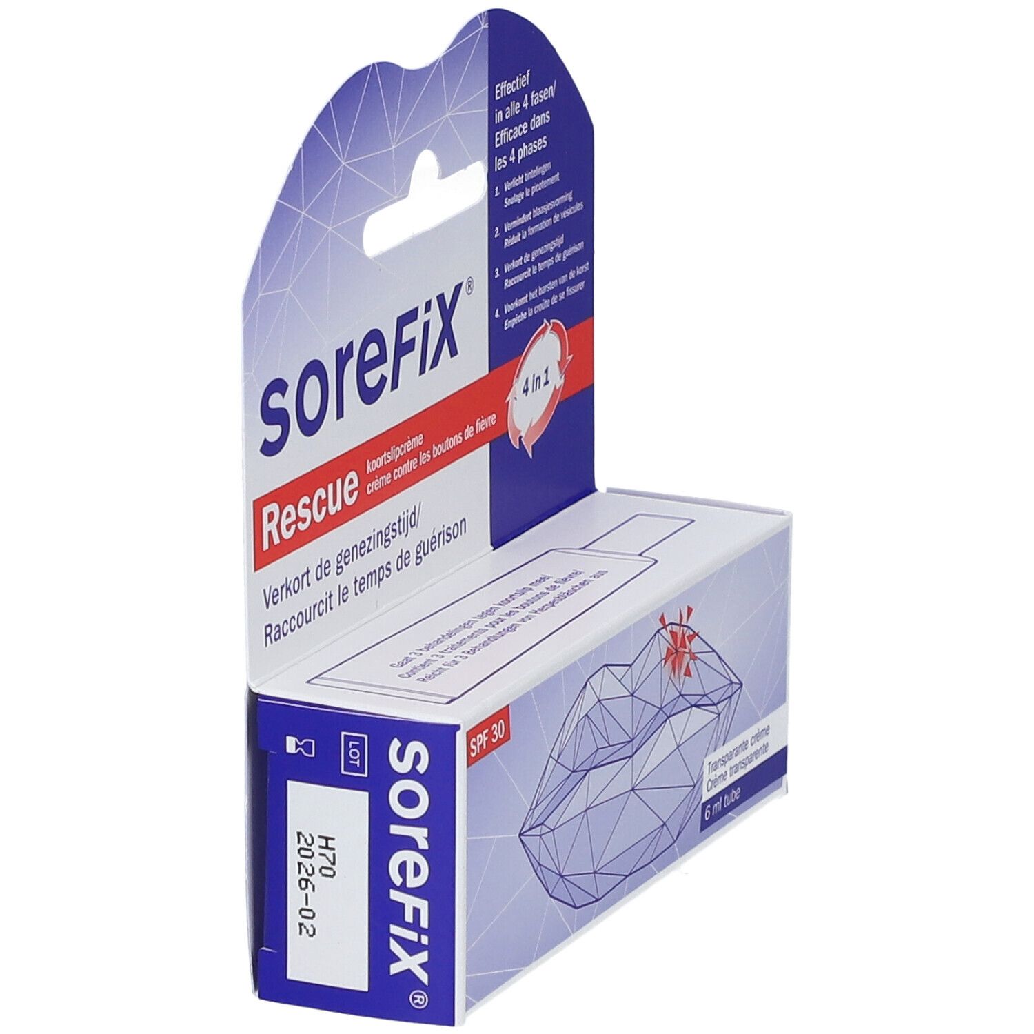 Emballage de SoreFix Rescue crème contre les boutons de fièvre. Présente un tube et l'emballage avec des informations.