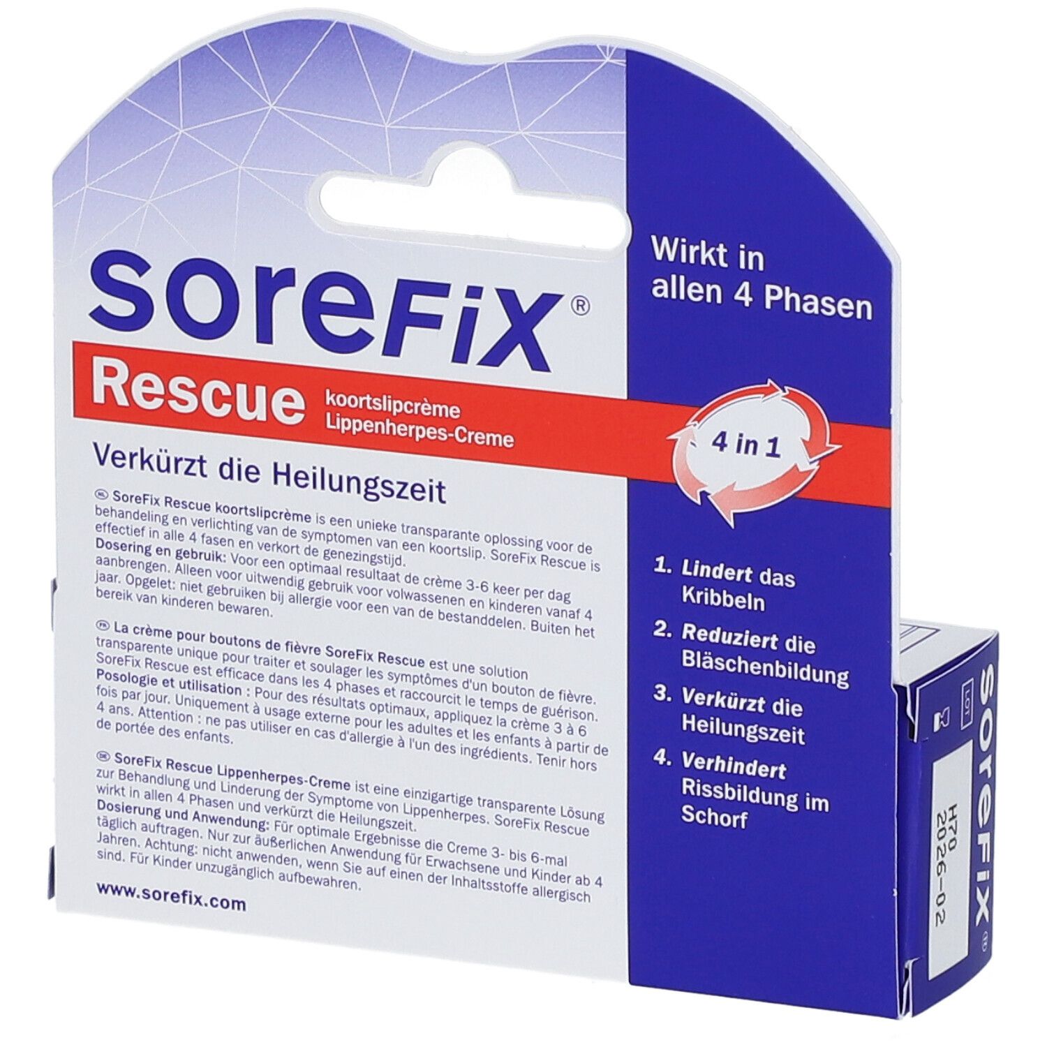 Dos de l'emballage de SoreFix Rescue crème contre les boutons de fièvre. Contient des informations et des instructions.