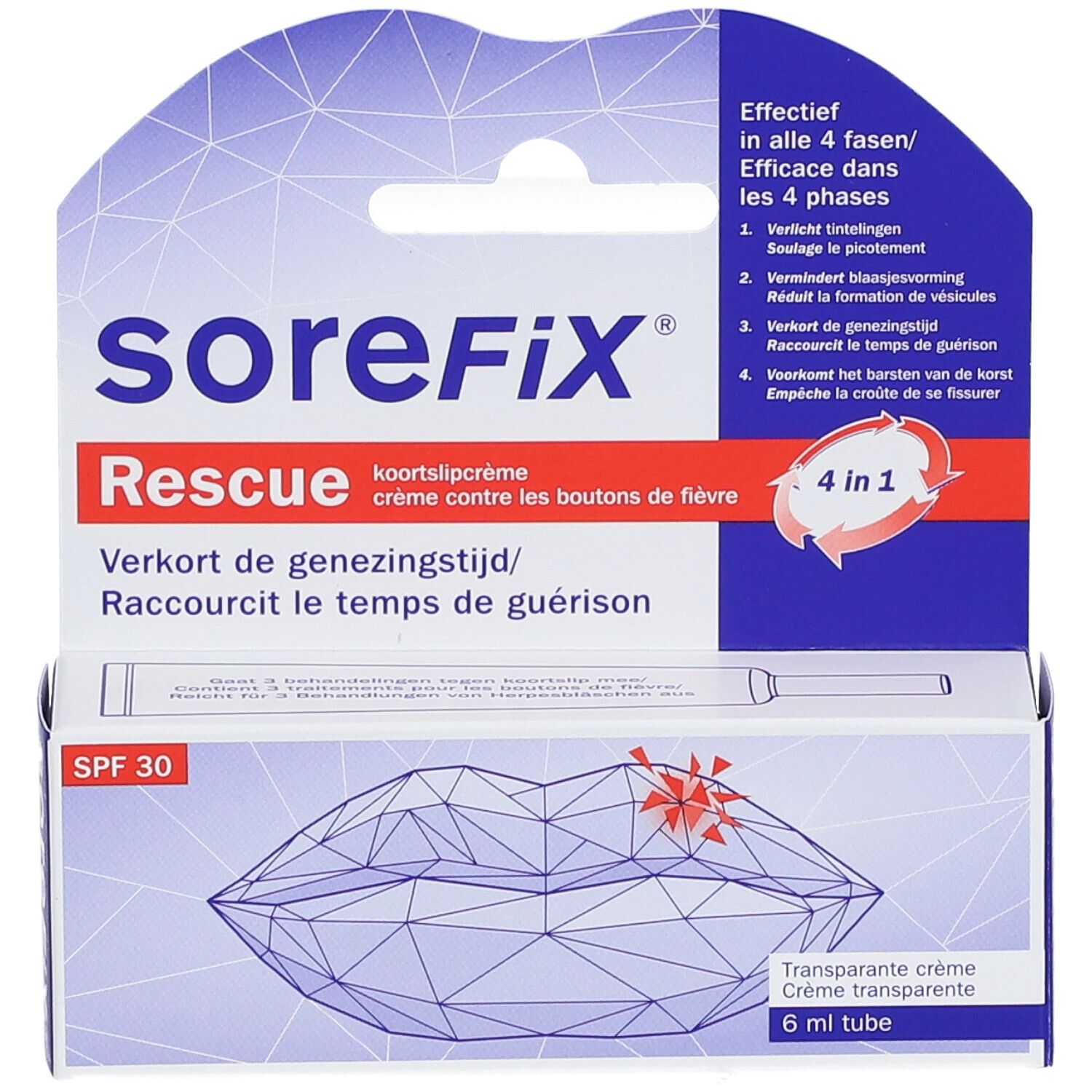 Emballage de SoreFix Rescue crème contre les boutons de fièvre. Montre un tube de 6 ml de crème transparente, SPF 30.