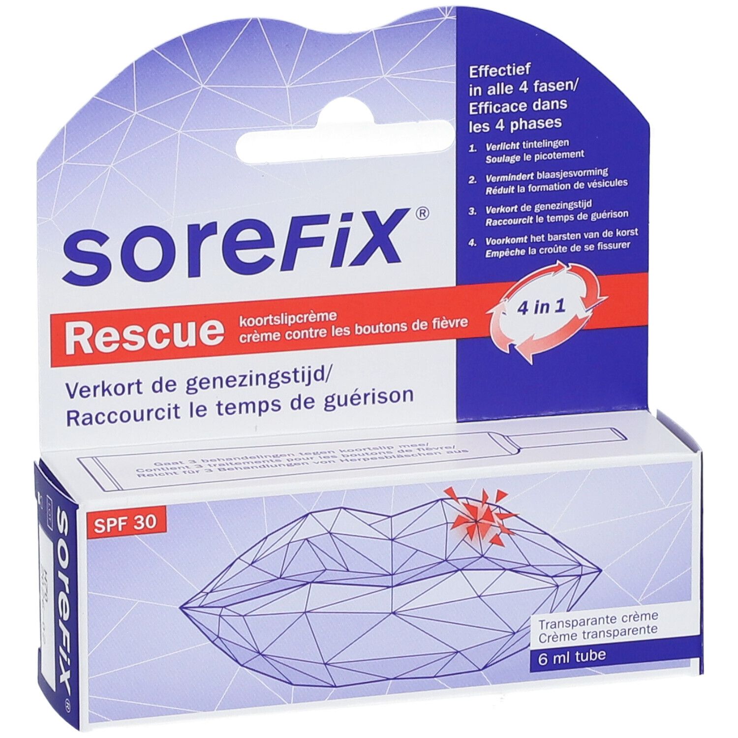 Emballage de SoreFix Rescue crème contre les boutons de fièvre. Montre un tube de 6 ml de crème transparente, SPF 30.