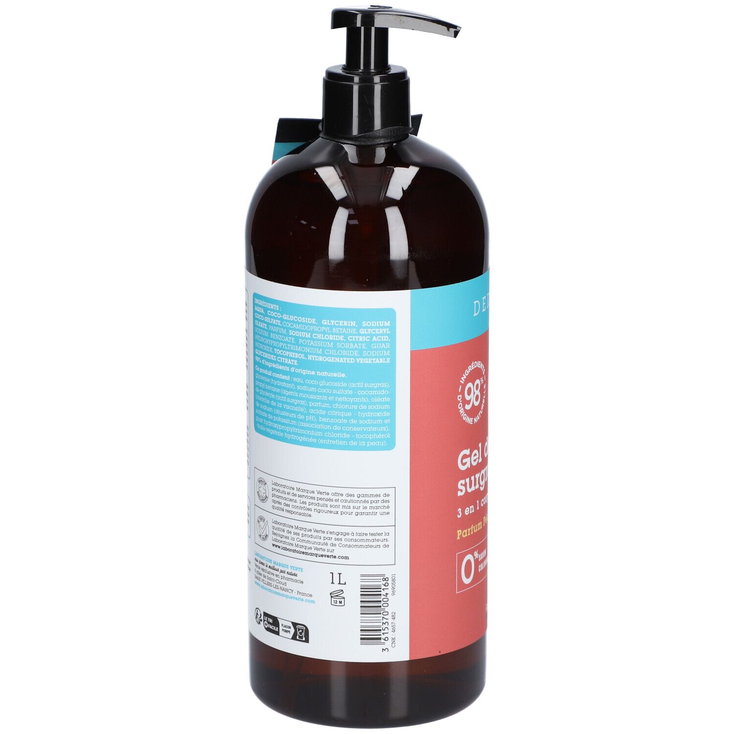 Achterkant van bruine fles met zwarte pomp. Etiket met productinformatie en 1L-aanduiding.