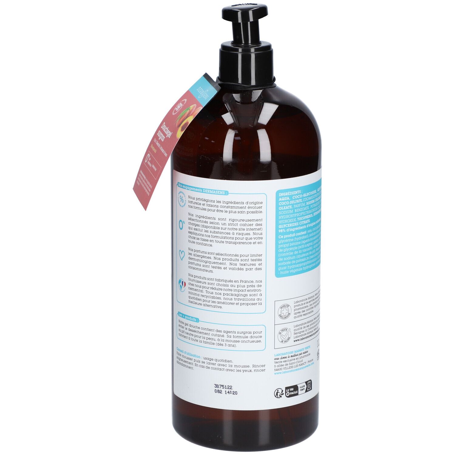 Achterkant van bruine fles met zwarte pomp. Etiket met productinformatie en logo's.
