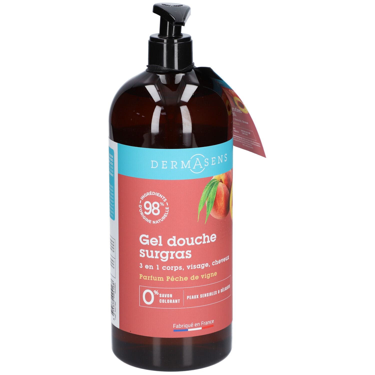 Bruine fles met zwarte pomp. Etiket met productnaam en perzikillustratie. Franse vlag.