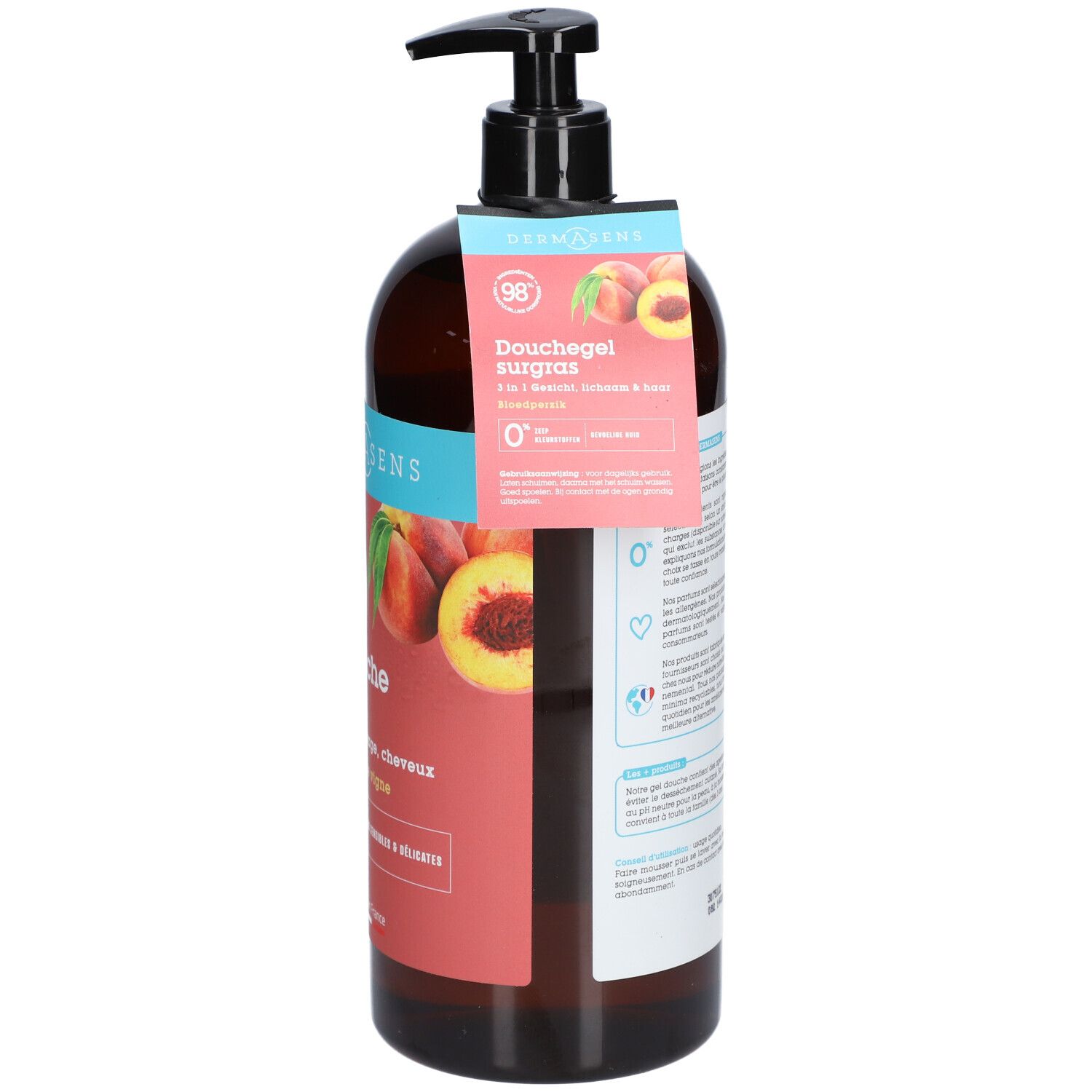Bruine fles met zwarte pomp. Etiket met productnaam en perzikillustratie. Label met productinformatie.