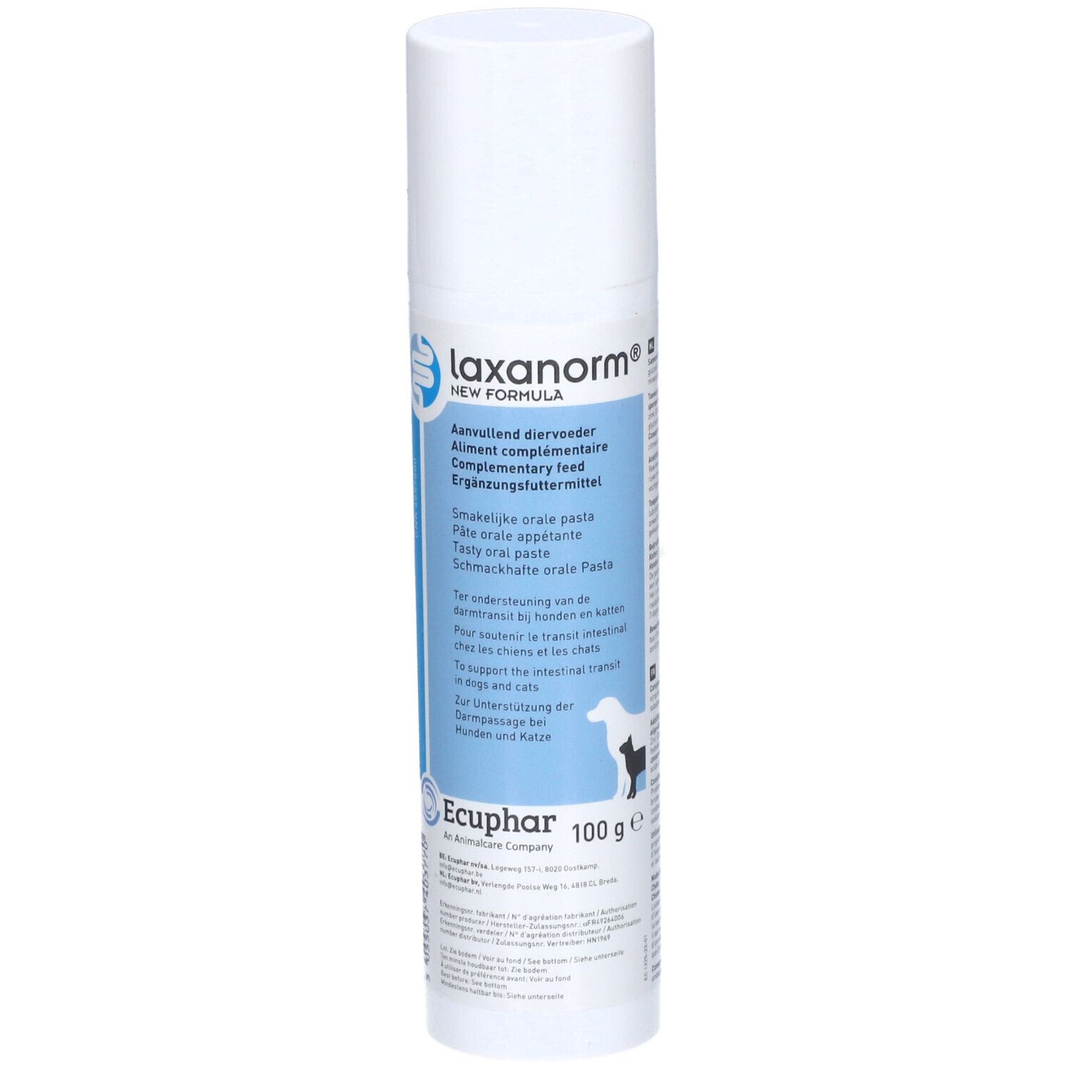 Tube blanc et bleu avec "laxanorm®". Contient 100 g. Texte multilingue. Silhouette chien-chat.