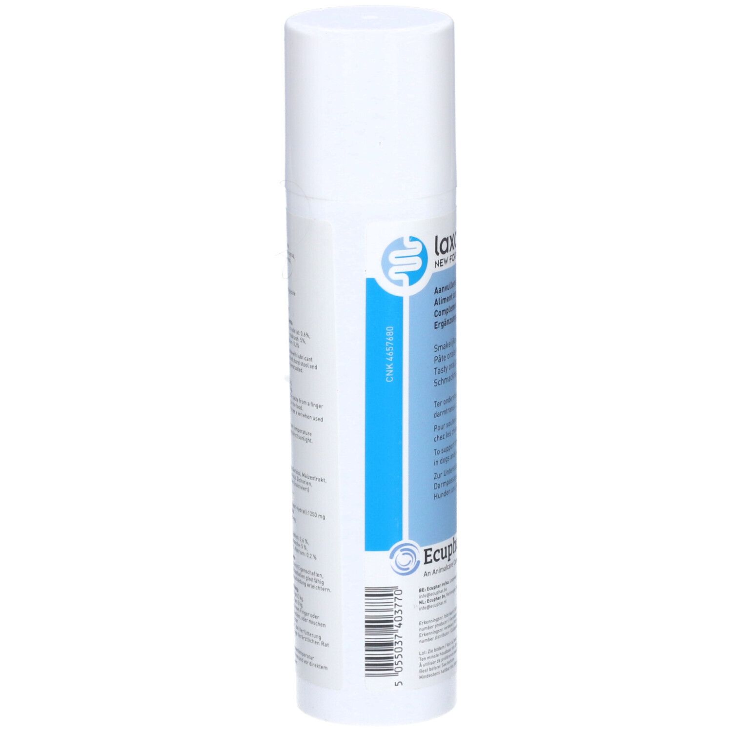 Tube blanc avec bande bleue. Texte multilingue. "laxanorm®" et "Ecuphar" visibles. Code-barres.