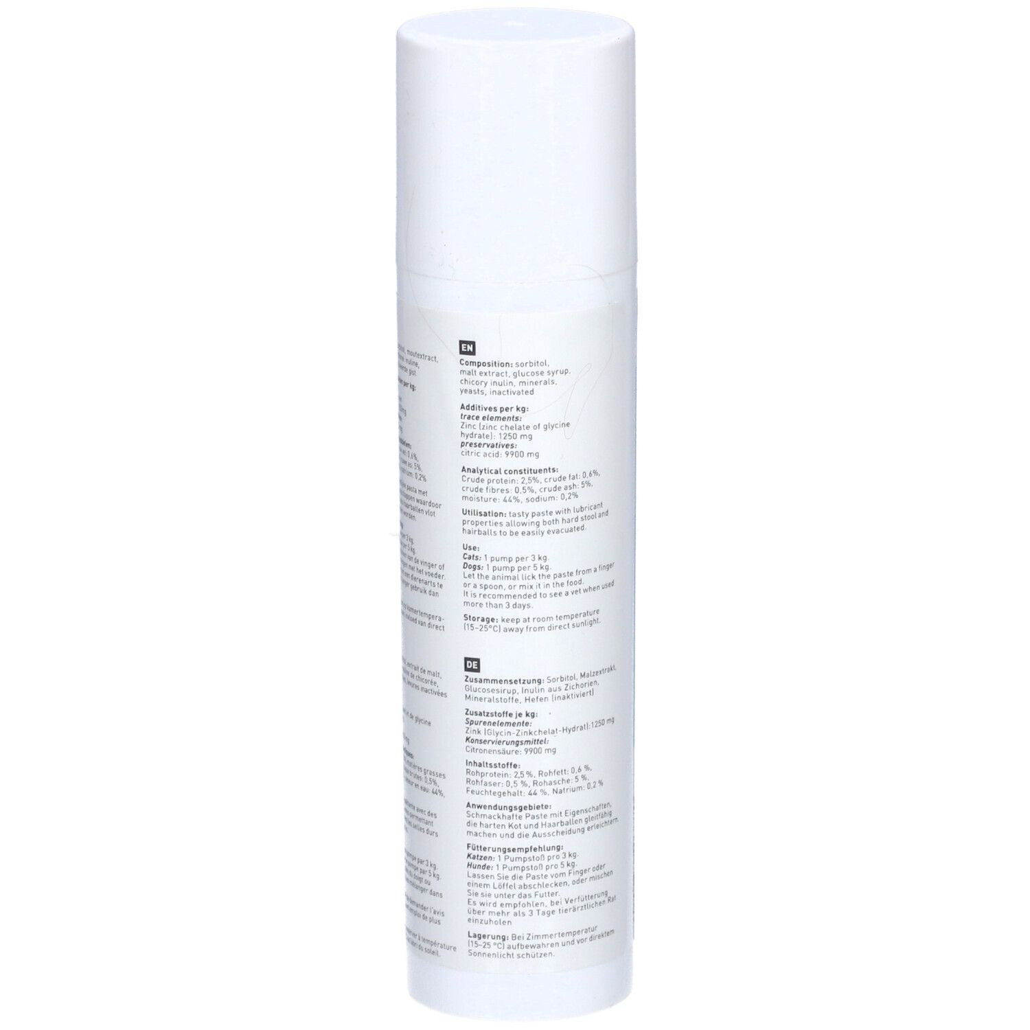 Tube blanc. Dos avec ingrédients et instructions de dosage en plusieurs langues. Petits caractères.