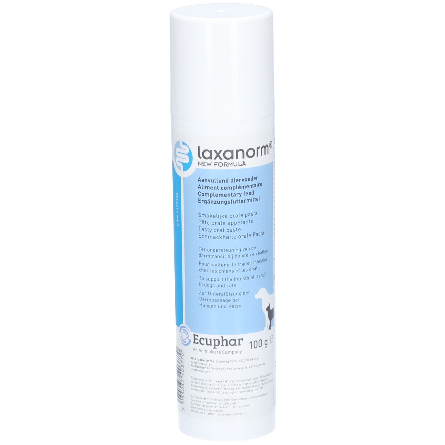 Tube blanc avec bande bleue. Impression "laxanorm®". Texte multilingue. Silhouette chien-chat.