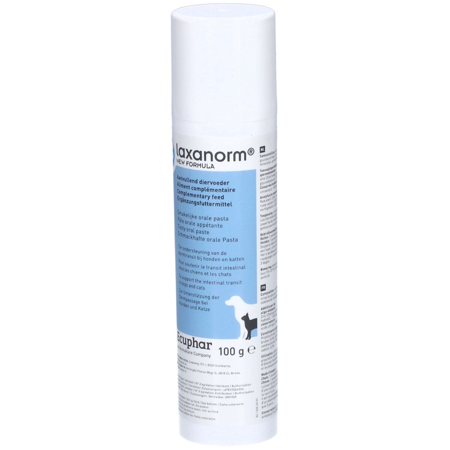 Tube blanc avec bande bleue. Impression "laxanorm®". Texte multilingue. 100 g. Silhouette chien-chat.