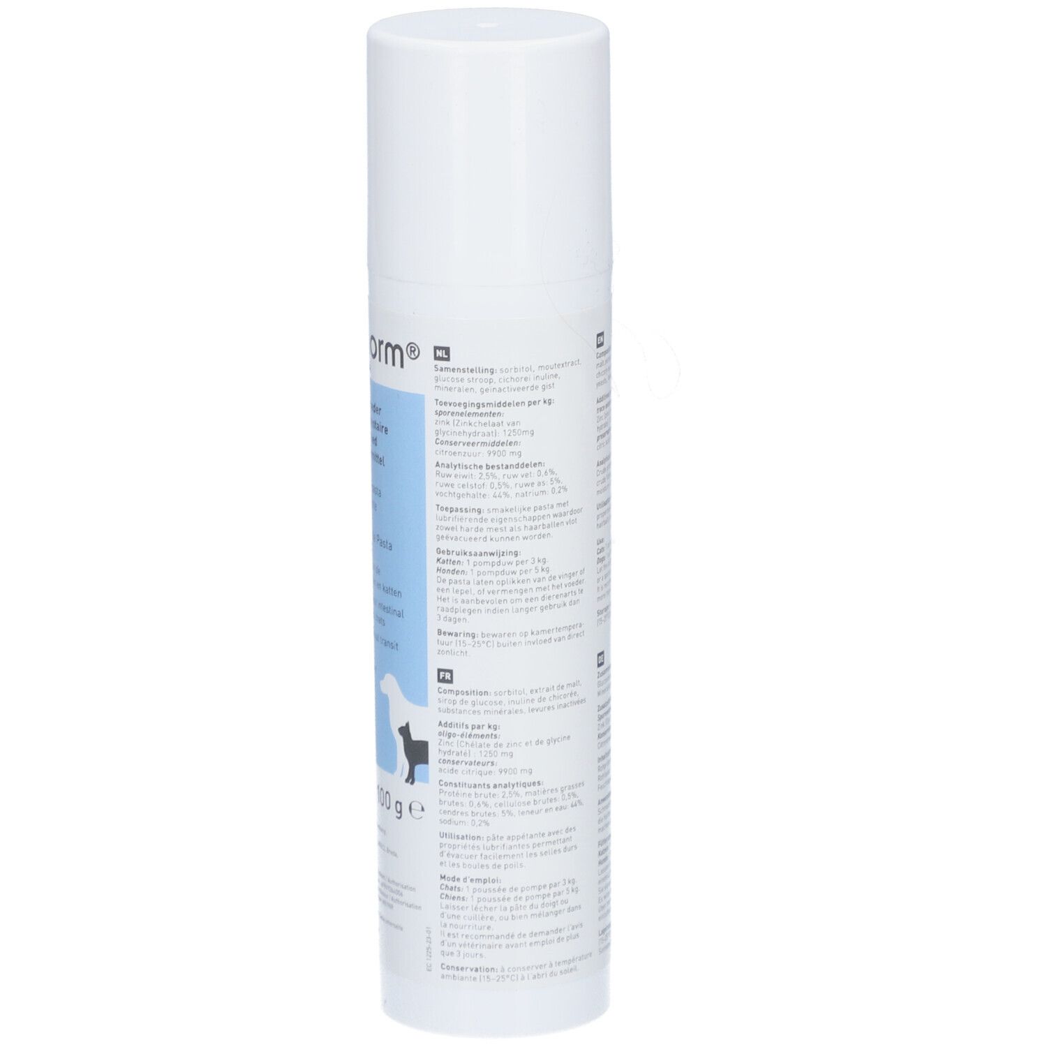 Tube blanc. Dos avec ingrédients et instructions de dosage en plusieurs langues. 100 g.