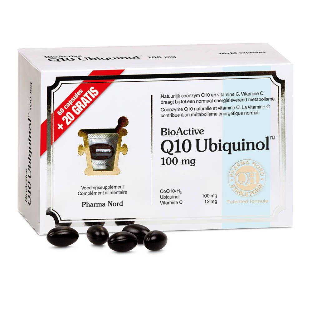 Boîte blanche "BioActive Q10 Ubiquinol 100 mg". 60+20 capsules. Capsules noires à côté.