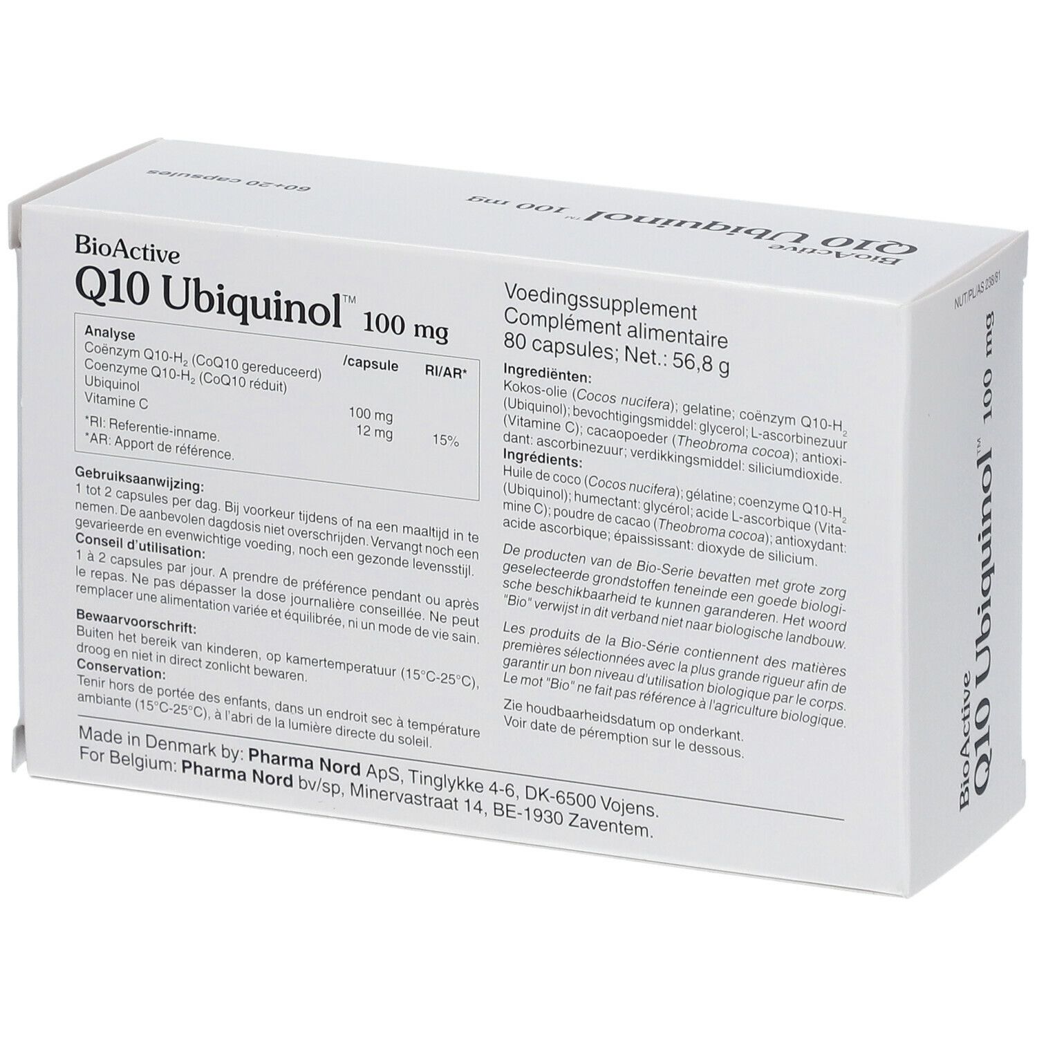 Boîte blanche "BioActive Q10 Ubiquinol 100 mg". Contient 60+20 capsules. Bande rouge avec texte.