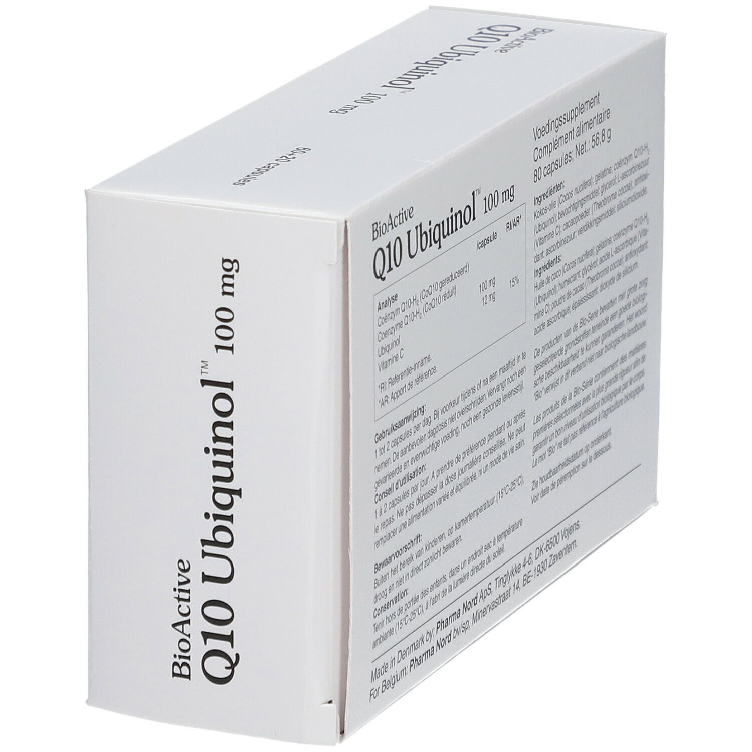 Boîte blanche "BioActive Q10 Ubiquinol 100 mg". Dos avec texte. Contient 80 capsules.