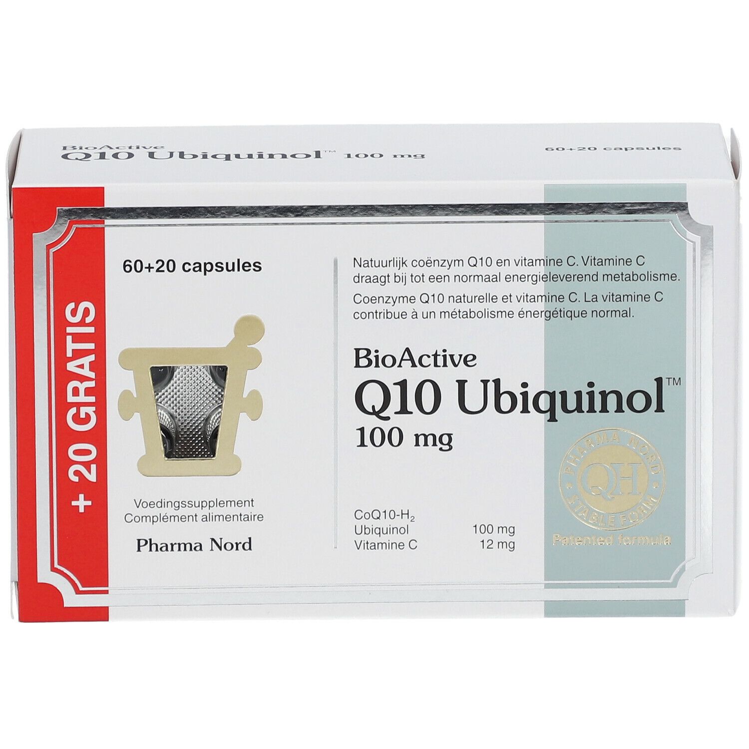 Boîte blanche "BioActive Q10 Ubiquinol 100 mg". Dos avec texte. Contient 80 capsules.