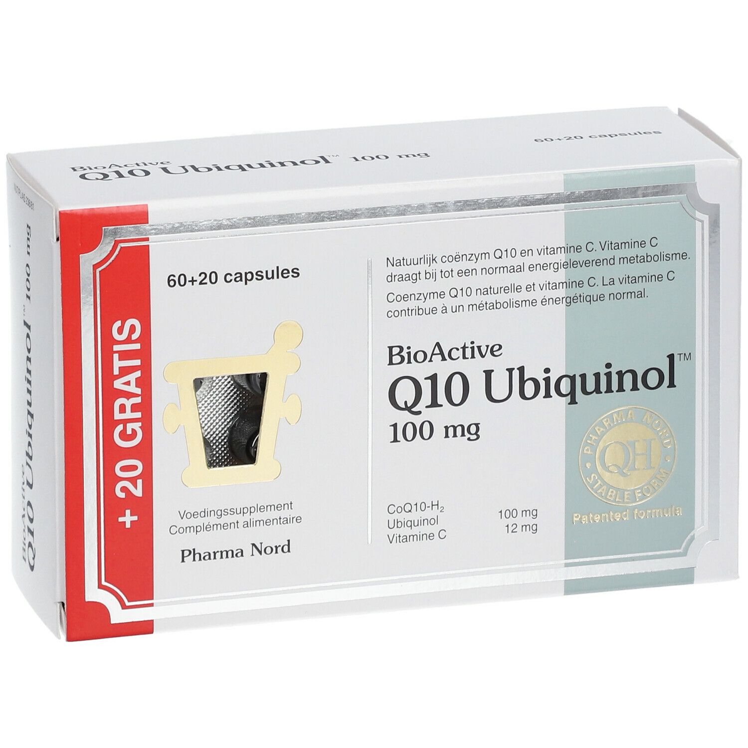 Boîte blanche "BioActive Q10 Ubiquinol 100 mg". Contient 60+20 capsules. Bande rouge avec texte.