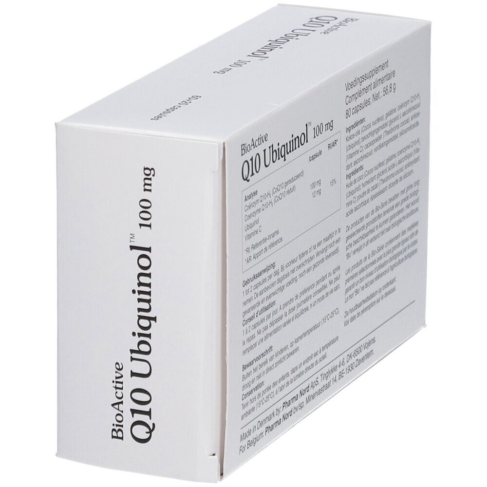 Boîte blanche "BioActive Q10 Ubiquinol 100 mg". Dos avec texte. Contient 80 capsules.