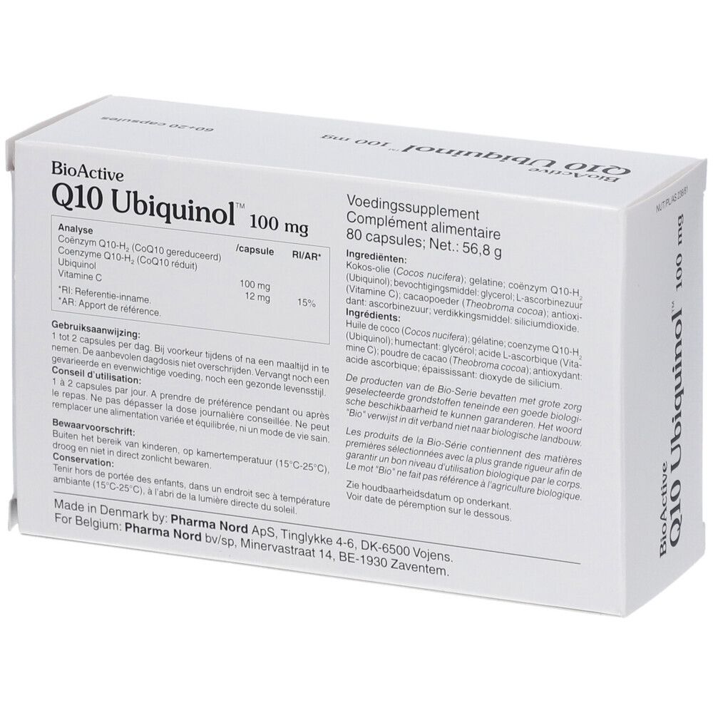 Boîte blanche "BioActive Q10 Ubiquinol 100 mg". Dos avec texte. Contient 80 capsules.