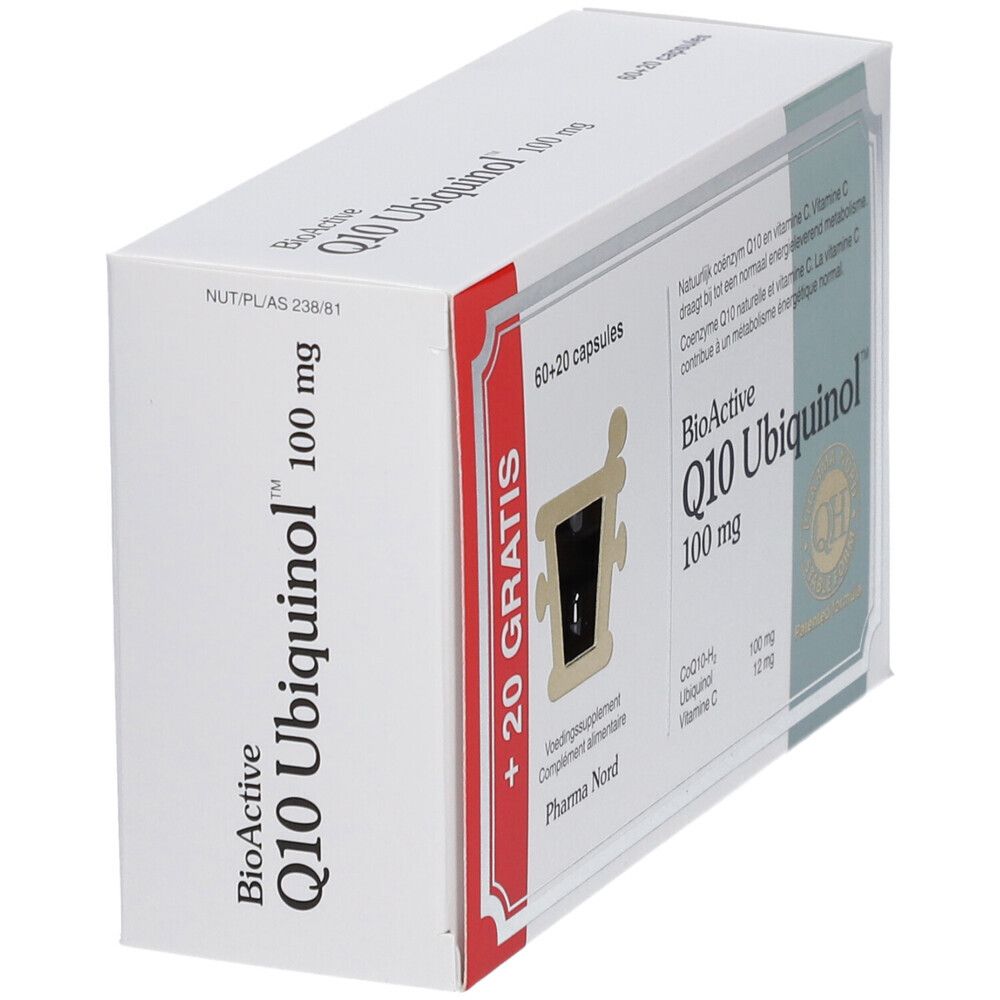 Boîte blanche "BioActive Q10 Ubiquinol 100 mg". Contient 60+20 capsules. Bande rouge avec texte.