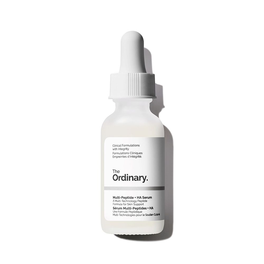 Serumfles met pipet. Opschrift: The Ordinary. Multi-Peptide + HA Serum.